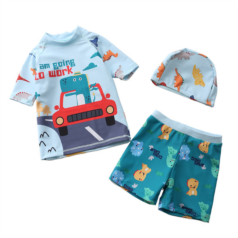 Costum de baie 2-6T Copii Băieți 3 buc Costume de baie Pantaloni scurți de plajă Costum de baie cu imprimeu din dinozaur din desene animate Băiat Copil cu protecție solară Îmbrăcăminte de plajă Costum de baie