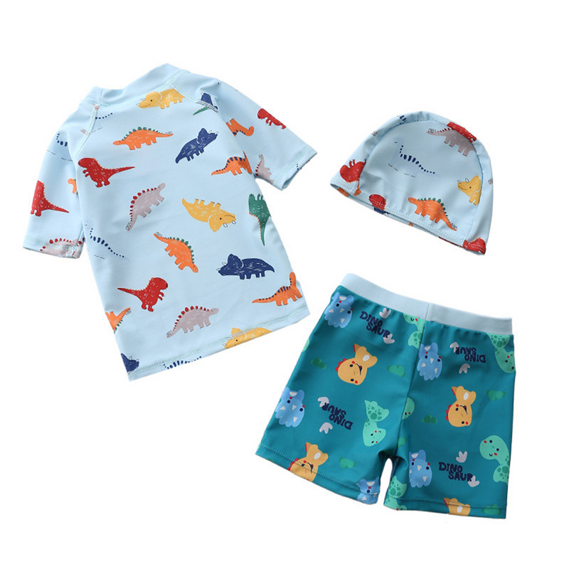 Costum de baie 2-6T Copii Băieți 3 buc Costume de baie Pantaloni scurți de plajă Costum de baie cu imprimeu din dinozaur din desene animate Băiat Copil cu protecție solară Îmbrăcăminte de plajă Costum de baie