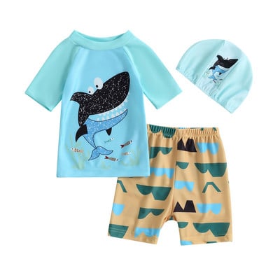 Trodijelni kupaći kostimi za dječake, šarene boje, kupaći kostimi srednjih rukava za malu djecu, komplet štitnika za osip s kapom za plivanje, dječje surfanje