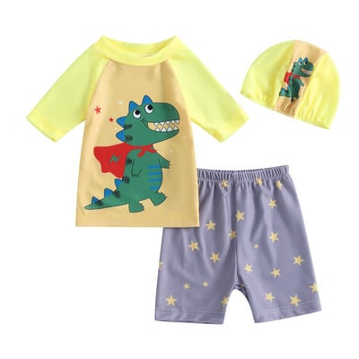 Trodijelni kupaći kostimi za dječake, šarene boje, kupaći kostimi srednjih rukava za malu djecu, komplet štitnika za osip s kapom za plivanje, dječje surfanje