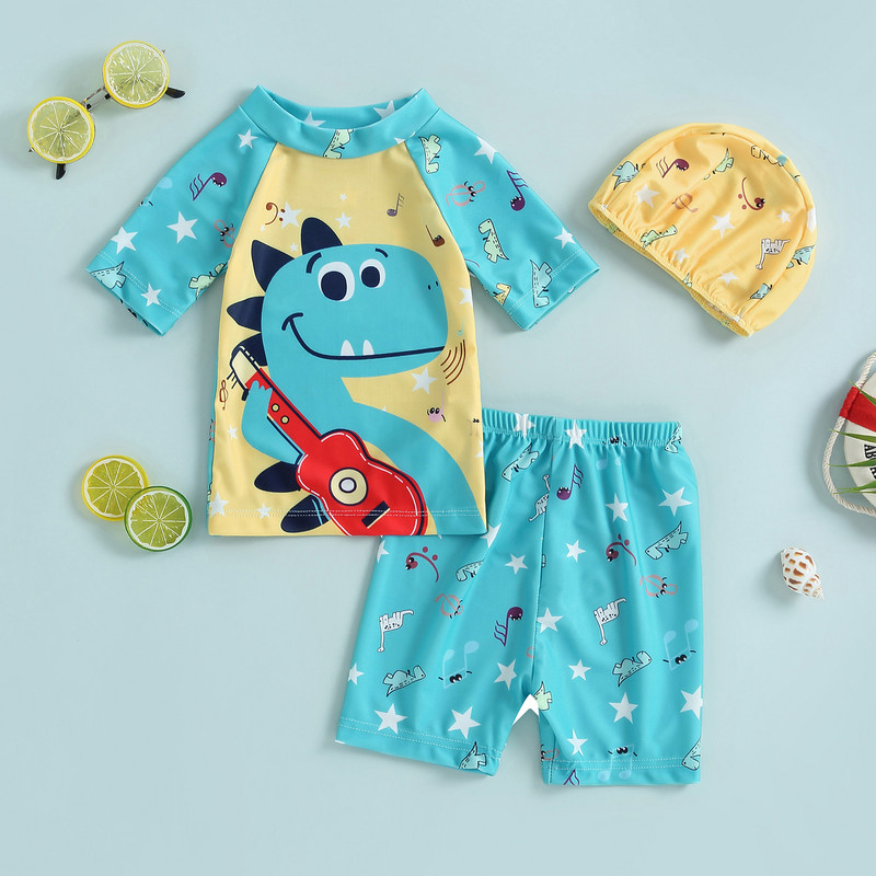 Trodijelni kupaći kostimi za dječake, šarene boje, kupaći kostimi srednjih rukava za malu djecu, komplet štitnika za osip s kapom za plivanje, dječje surfanje