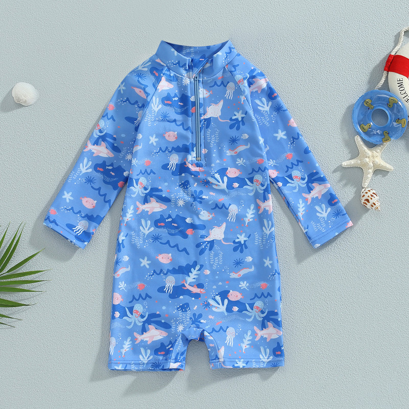 ma&baby 1-5Y Kid Baby Boy Kupaći kostim Ljetni kupaći kostim s patentnim zatvaračem s uzorkom životinja i riba, ljetni kupaći kostim za plažu dugih rukava