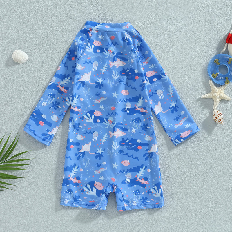 ma&baby 1-5Y Kid Baby Boy Kupaći kostim Ljetni kupaći kostim s patentnim zatvaračem s uzorkom životinja i riba, ljetni kupaći kostim za plažu dugih rukava
