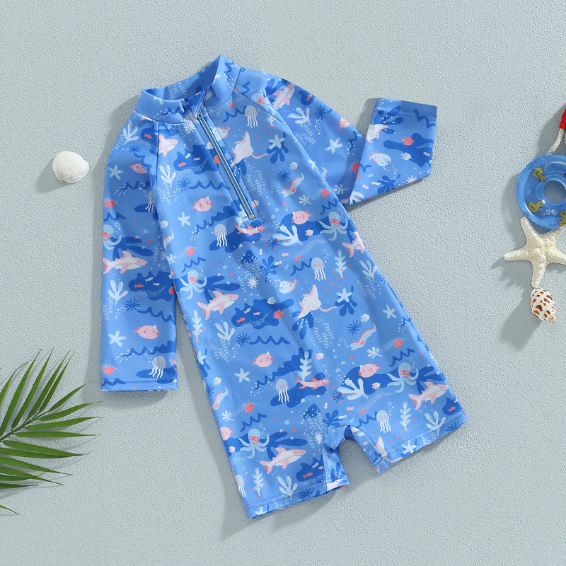 ma&baby 1-5Y Kid Baby Boy Kupaći kostim Ljetni kupaći kostim s patentnim zatvaračem s uzorkom životinja i riba, ljetni kupaći kostim za plažu dugih rukava