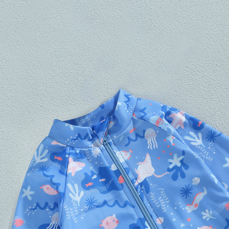 ma&baby 1-5Y Kid Baby Boy Kupaći kostim Ljetni kupaći kostim s patentnim zatvaračem s uzorkom životinja i riba, ljetni kupaći kostim za plažu dugih rukava