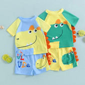 2–7 metų vaikams berniukų dinozaurų maudymosi kostiumėlių rinkiniai trumpomis rankovėmis Dinozaurų rašto šortai maudymosi kostiumėliai vaikams berniukų paplūdimio plaukimo kostiumas