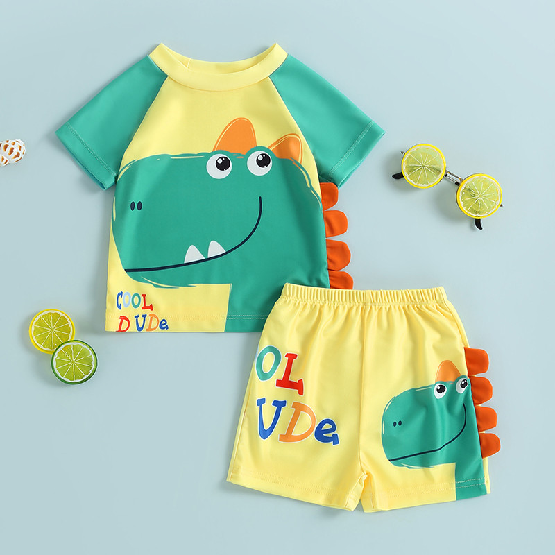 2–7 metų vaikams berniukų dinozaurų maudymosi kostiumėlių rinkiniai trumpomis rankovėmis Dinozaurų rašto šortai maudymosi kostiumėliai vaikams berniukų paplūdimio plaukimo kostiumas
