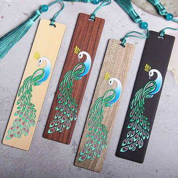 Отметки с цветни картини от сандалово дърво, дървени отметки Kawaii Blue Peacock, подаръци за канцеларски материали за учители и ученици