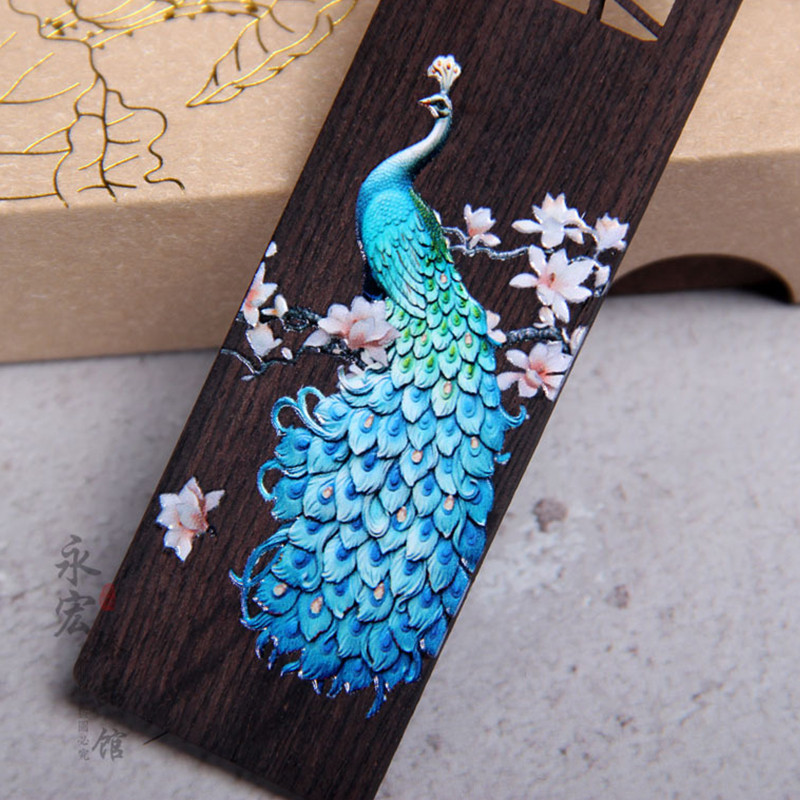 Semne de carte din lemn de santal cu pictură colorată, semne de carte din lemn de păun albastru Kawaii, cadouri de papetărie pentru profesori și studenți