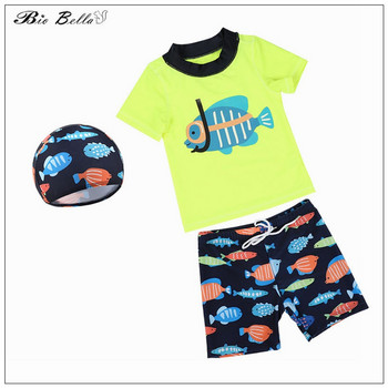 Καλοκαιρινό μωρό αγόρι μαγιό 2-10 ετών Παιδικά αγόρια Καπέλο+παντελόνι+μπλουζάκια για κολύμπι Ψάρια κινούμενα σχέδια Παιδικά Biy Μαγιό Quick Dry για αγόρια