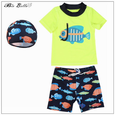 Καλοκαιρινό μωρό αγόρι μαγιό 2-10 ετών Παιδικά αγόρια Καπέλο+παντελόνι+μπλουζάκια για κολύμπι Ψάρια κινούμενα σχέδια Παιδικά Biy Μαγιό Quick Dry για αγόρια