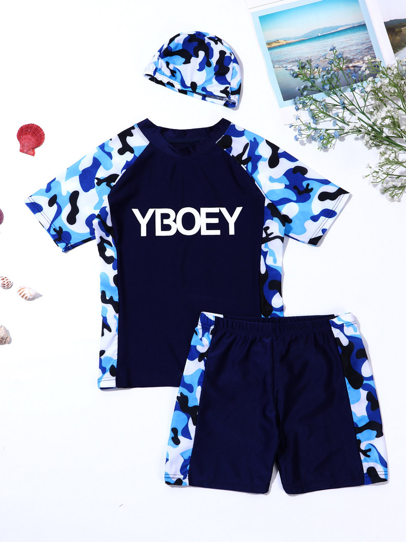 TiaoBug 3 bucăți pentru copii, băieți, costum de baie, cu guler ridicat, cu mâneci scurte, cu imprimeu de camuflaj, cu pantaloni scurți și șapcă, costume de baie pentru plajă