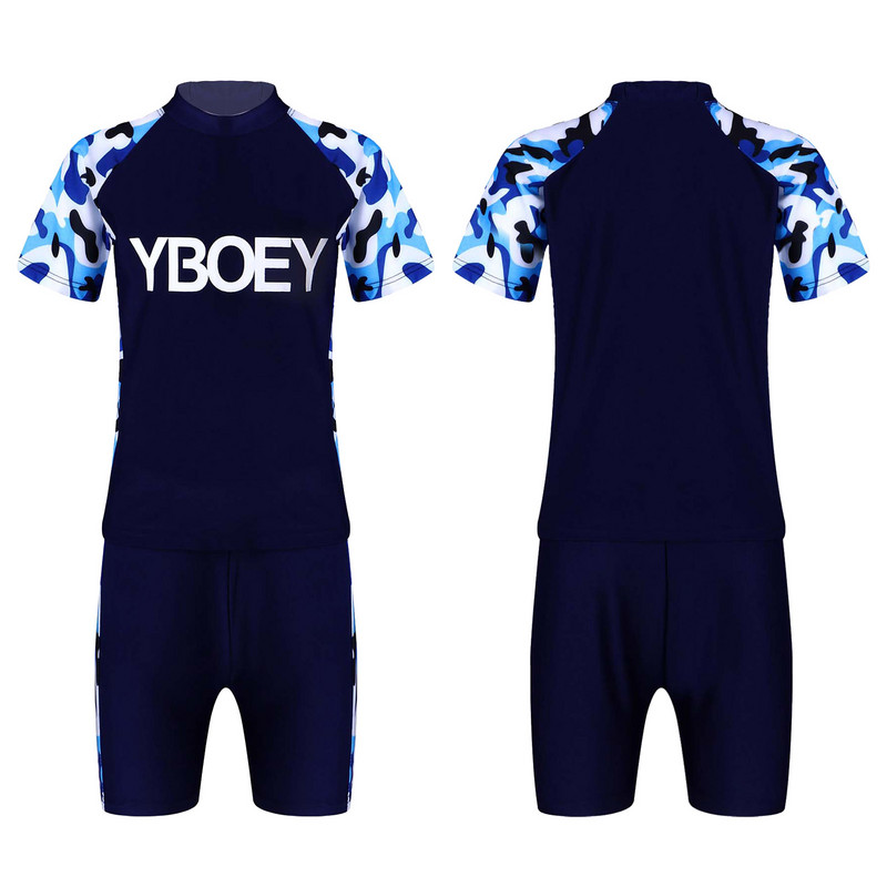 TiaoBug 3 bucăți pentru copii, băieți, costum de baie, cu guler ridicat, cu mâneci scurte, cu imprimeu de camuflaj, cu pantaloni scurți și șapcă, costume de baie pentru plajă