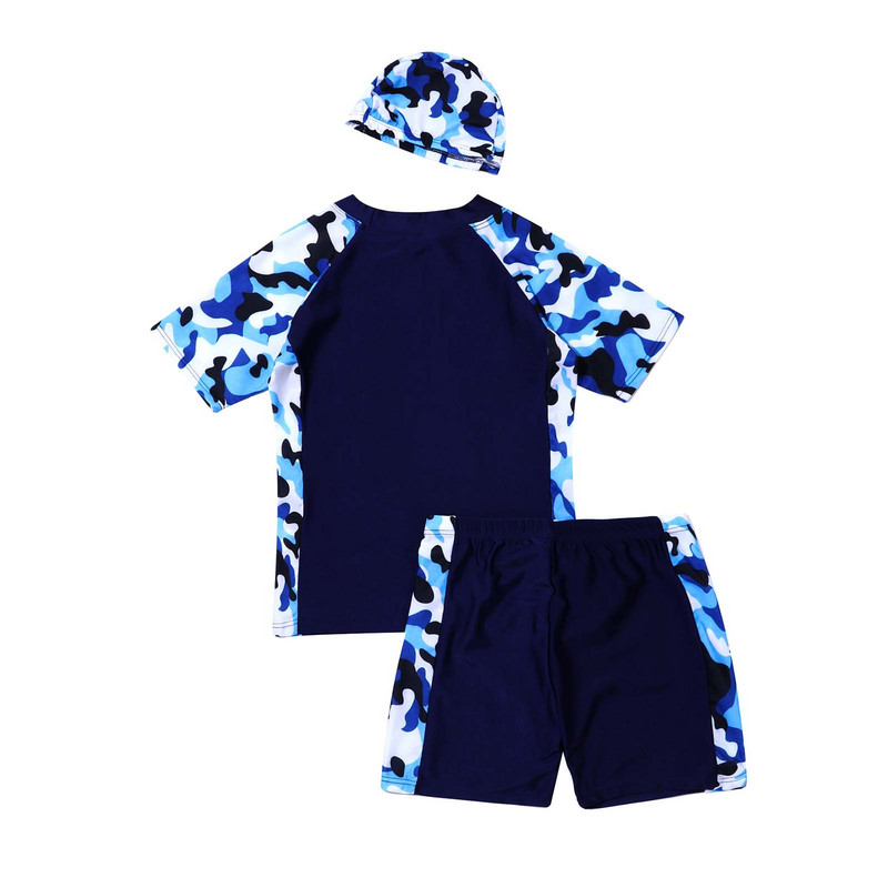 TiaoBug 3 bucăți pentru copii, băieți, costum de baie, cu guler ridicat, cu mâneci scurte, cu imprimeu de camuflaj, cu pantaloni scurți și șapcă, costume de baie pentru plajă