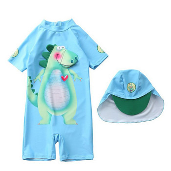 Jlong UPF 50+ Слънцезащита 1-7 години Деца Момчета Рашгард Бански костюм с къс ръкав Сладък бански костюм с анимационен динозавър + шапка за слънце