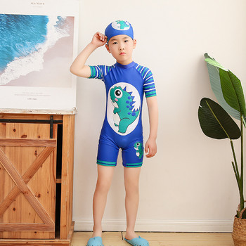 2021 Нови горещи бански костюми за малки момчета от една част с шапка Щампа с анимационни рибки Детски бански костюми Детски плажни дрехи