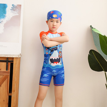 2021 Нови горещи бански костюми за малки момчета от една част с шапка Щампа с анимационни рибки Детски бански костюми Детски плажни дрехи