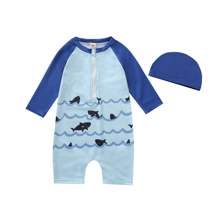 Divat tipegő csecsemő baba gyerekek fiúk hosszú ujjú rajzfilm nyomtatott cipzárral aranyos egyrészes fürdőruha úszósapkával#p4