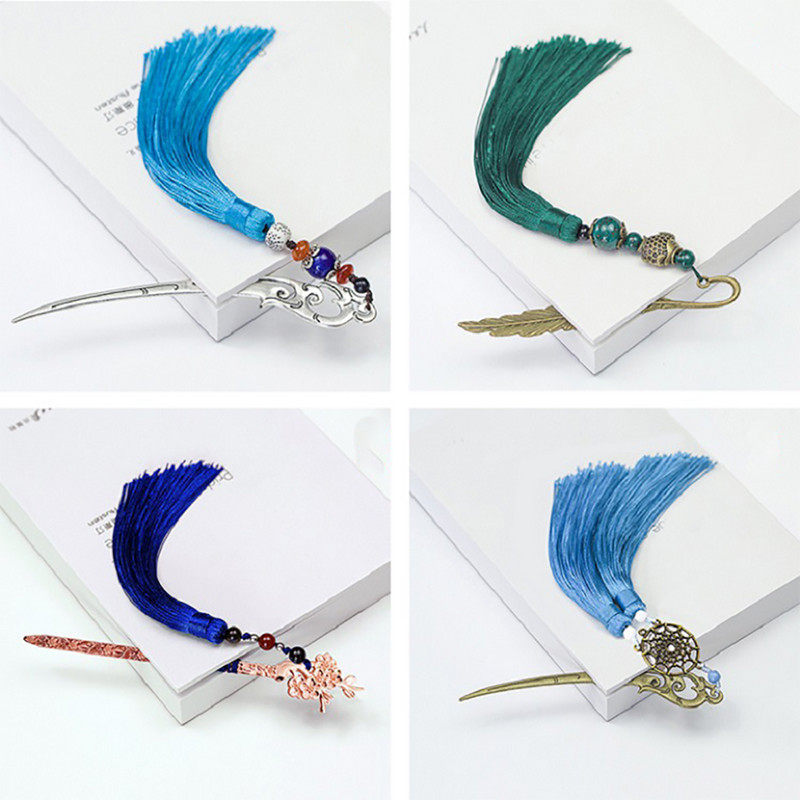 1db Retro stílusú Bojtok Gyöngyök Könyvjelzők Fémkönyv Oldaljel Vintage kínai stílusú könyvcímke Kreatív ajándék diákoknak írószerek