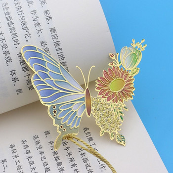 Китайски стил Метални пеперуди Цветни отметки Изящно кух пискюл Висулка Щипка за книга Ученици Инструмент за четене Ученически пособия