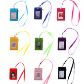 Луксозен калъф за значка с двоен ръкав от PU кожа Прозрачен държач за значка за банкова кредитна карта Портмоне за монети Чанта за карти с цип и ремък за врата