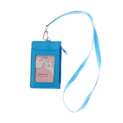 Луксозен калъф за значка с двоен ръкав от PU кожа Прозрачен държач за значка за банкова кредитна карта Портмоне за монети Чанта за карти с цип и ремък за врата