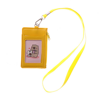 Луксозен калъф за значка с двоен ръкав от PU кожа Прозрачен държач за значка за банкова кредитна карта Портмоне за монети Чанта за карти с цип и ремък за врата