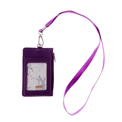 Луксозен калъф за значка с двоен ръкав от PU кожа Прозрачен държач за значка за банкова кредитна карта Портмоне за монети Чанта за карти с цип и ремък за врата