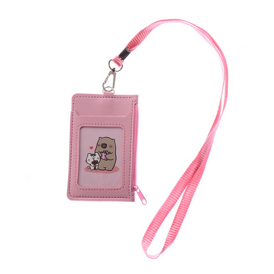 Луксозен калъф за значка с двоен ръкав от PU кожа Прозрачен държач за значка за банкова кредитна карта Портмоне за монети Чанта за карти с цип и ремък за врата