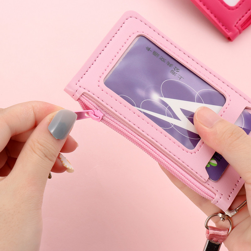 Луксозен калъф за значка с двоен ръкав от PU кожа Прозрачен държач за значка за банкова кредитна карта Портмоне за монети Чанта за карти с цип и ремък за врата