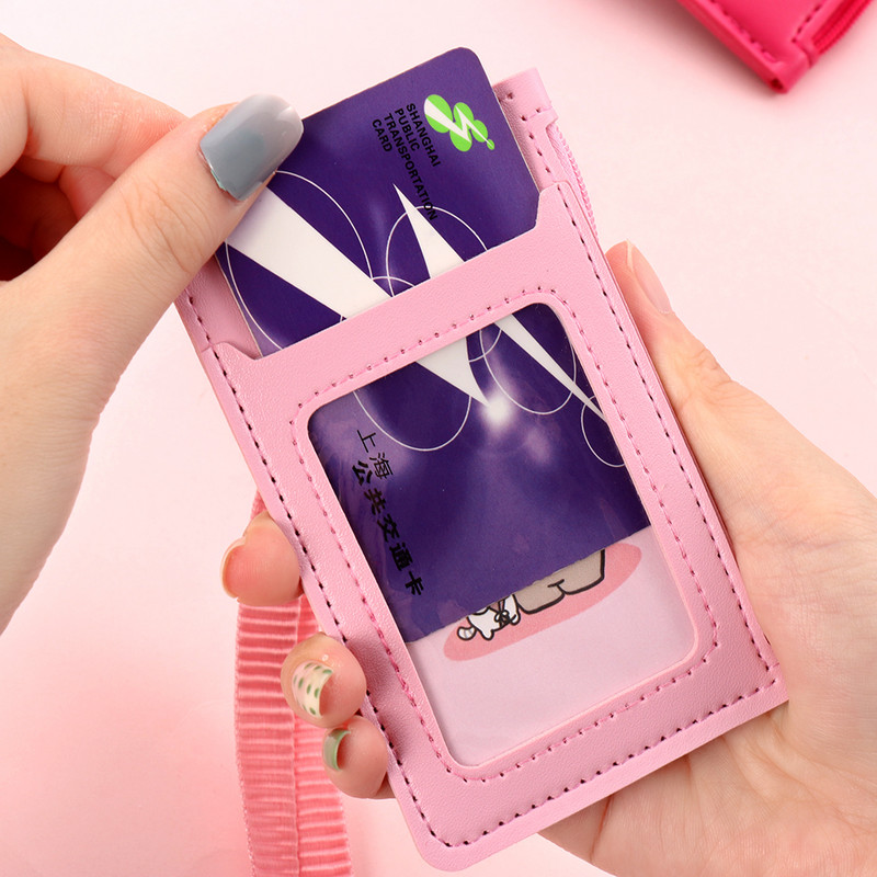 Луксозен калъф за значка с двоен ръкав от PU кожа Прозрачен държач за значка за банкова кредитна карта Портмоне за монети Чанта за карти с цип и ремък за врата