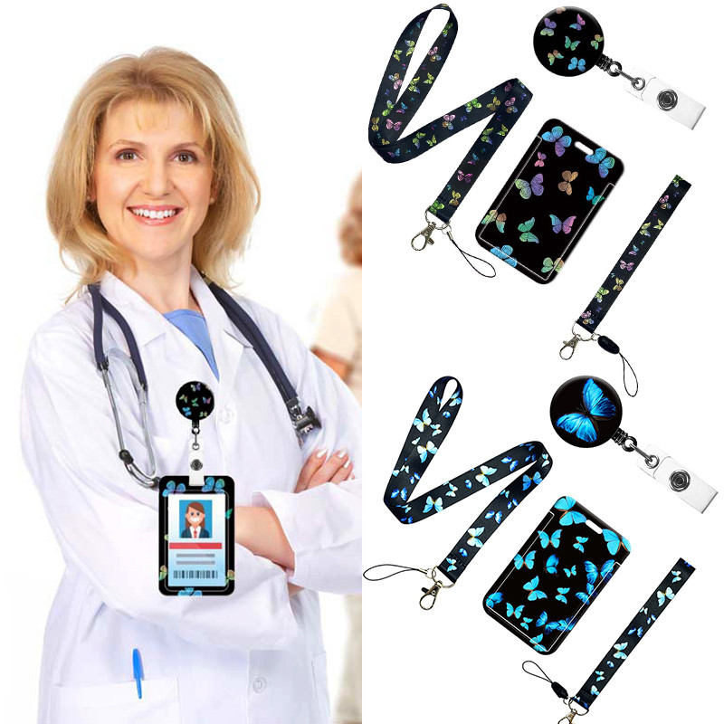 Макара за значка с лазерна пеперуда Прибираща се катарама Връзка Държач за удостоверения Държач за значка Лесно натискане и дръпване Аксесоари за медицинска сестра за работа