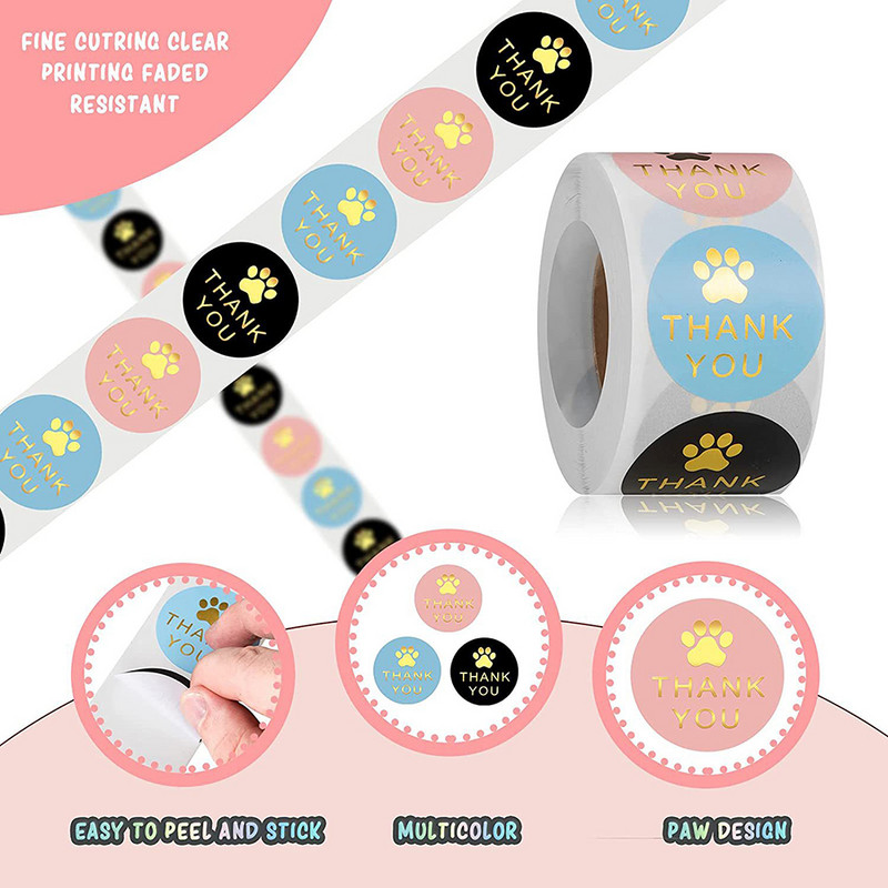 100-500 бр. Кръгъл отпечатък на кучешка лапа, благодарствени етикети, стикери, използвани за изпращане и изпращане на кутии, печатни етикети, декоративни стикери за подаръци