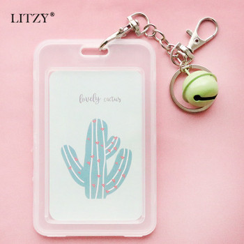 LITZY Kawaii Cactus Badge Поставка за карти със звънец за офис Училищен притежател на значка Nurse Doctor ID Card Name Card Keychain Porte Badge