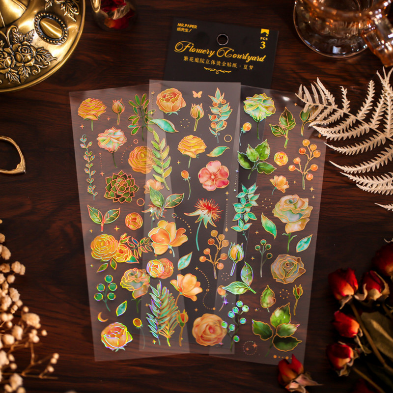 Mr.paper 4 стила 3 бр./чанта Ретро растения Бронзиращ стикер Литературно естетично цвете Декорация на ръчен акаунт Стикери за канцеларски материали