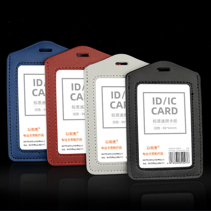 Естествена кожа Кожен държач за лична карта с ремък за пропуск Карта Credential Door Pass Капак Значки Щипки Офис аксесоари
