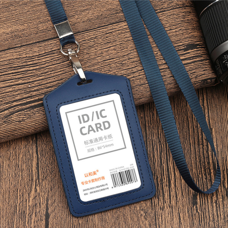 Естествена кожа Кожен държач за лична карта с ремък за пропуск Карта Credential Door Pass Капак Значки Щипки Офис аксесоари