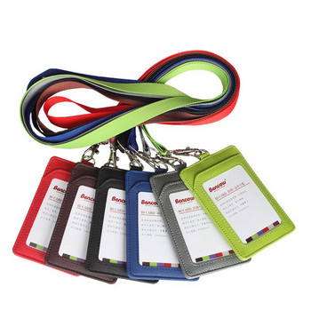 Висококачествен метален държач за карта от PU кожа с ремък за карта за удостоверение за пропуск за вратата Капачка за пропуск Значки Щипки за офис аксесоари