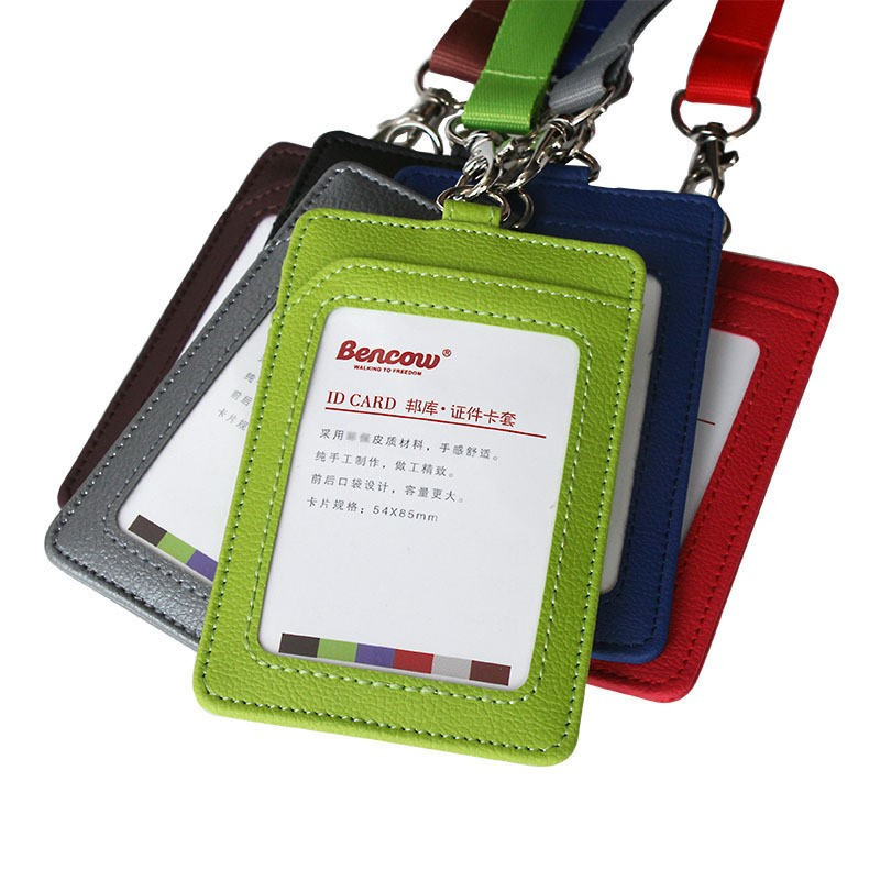 Висококачествен метален държач за карта от PU кожа с ремък за карта за удостоверение за пропуск за вратата Капачка за пропуск Значки Щипки за офис аксесоари