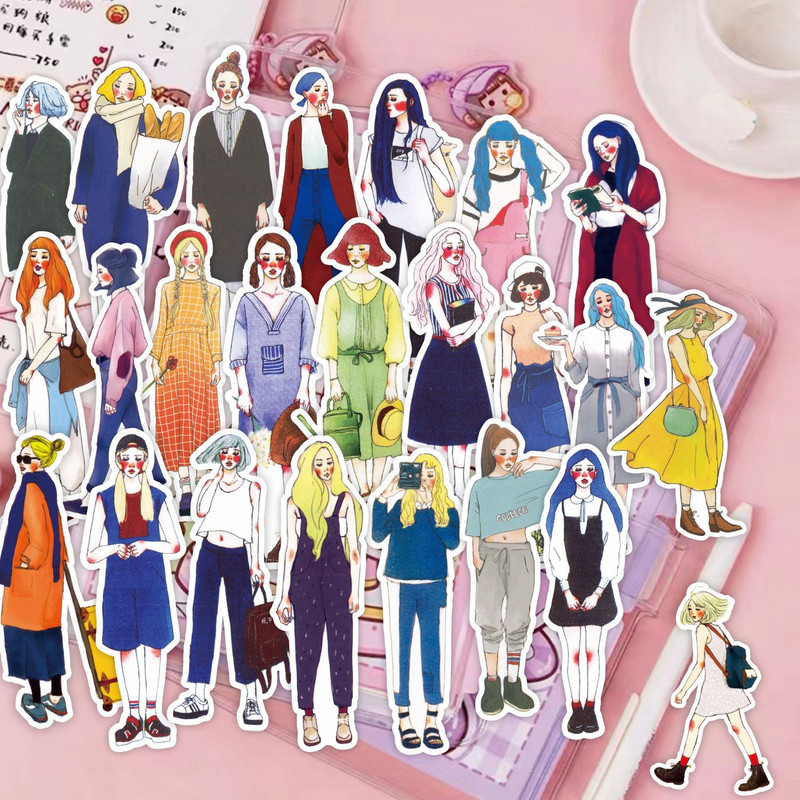 59 бр. Сладко модно момиче Декоративни водоустойчиви стикери Опаковка Scrapbooking Арт Етикет Дневник Албум Канцеларски материали Аксесоари за рисуване