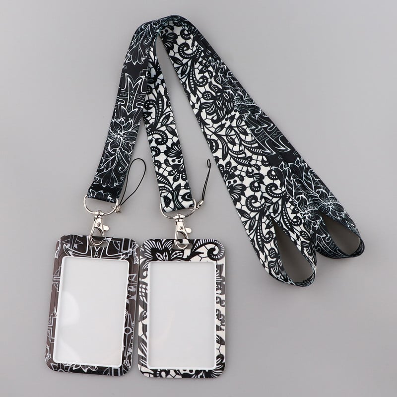 ER1855 Връзки с шарка на черни цветя Държач за идентификационна значка Калъф за пропуск за автобус Калъф за корици Банков държач за кредитна карта Каишка Картодържател