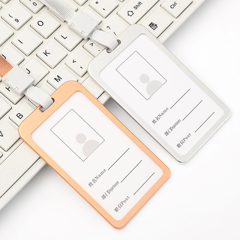 Вертикален държач за лична карта от алуминиева сплав с ремък Злато, сребро, държачи за карти, етикет с име, държач за значки, офис бизнес консумативи