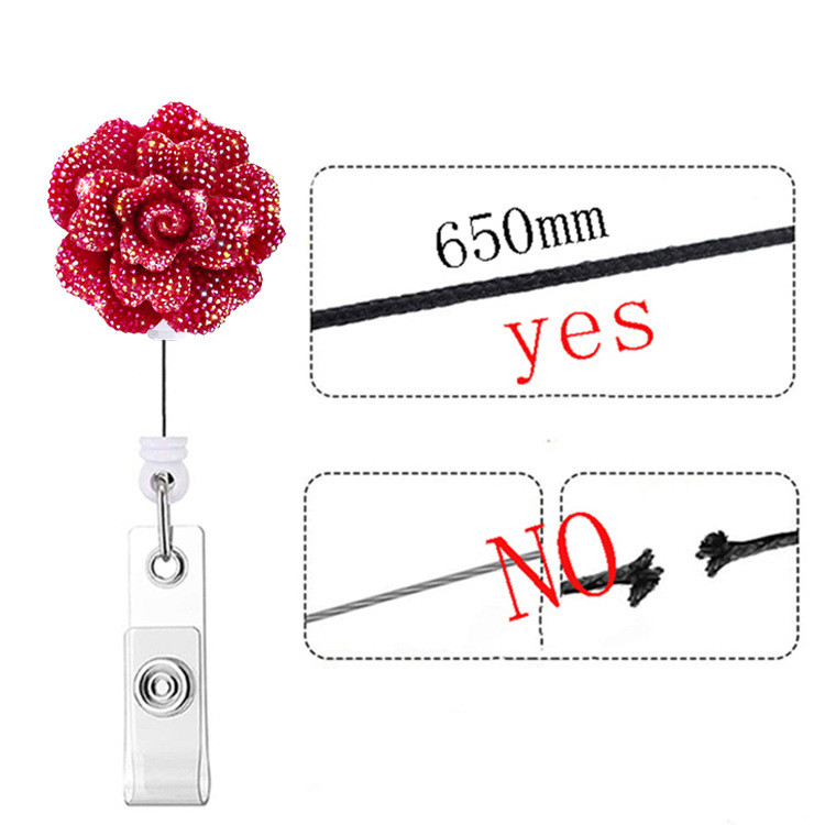 Макара с диамантена значка с розово цвете за жени, момичета, значка с име, работна карта, прибиращ се ремък, макара с щипка за етикети на гърдите