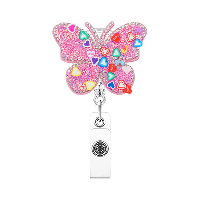 Rhinestone Butterfly Πτυσσόμενο κλιπ σήματος Αξεσουάρ νοσοκόμας Θήκη κάρτας ταυτότητας γιατρού Περιστρεφόμενη διακοσμητική θήκη για κλιπ καρούλι σήματος