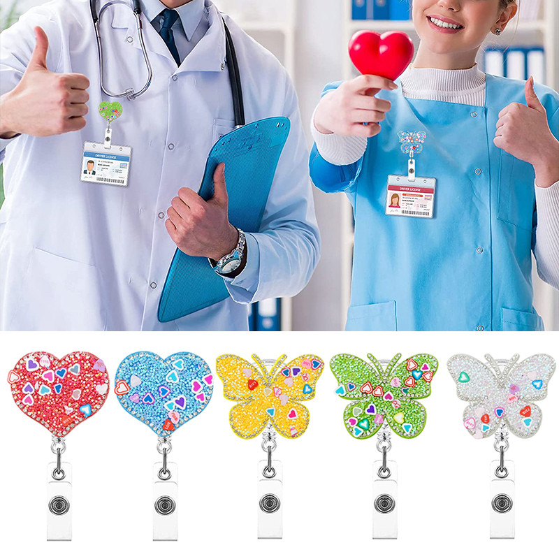 Rhinestone leptir uvlačiva stezaljka za značku Pribor za medicinsku sestru Držač iskaznice liječnika Rotirajući ukrasni držač za kolut za značku