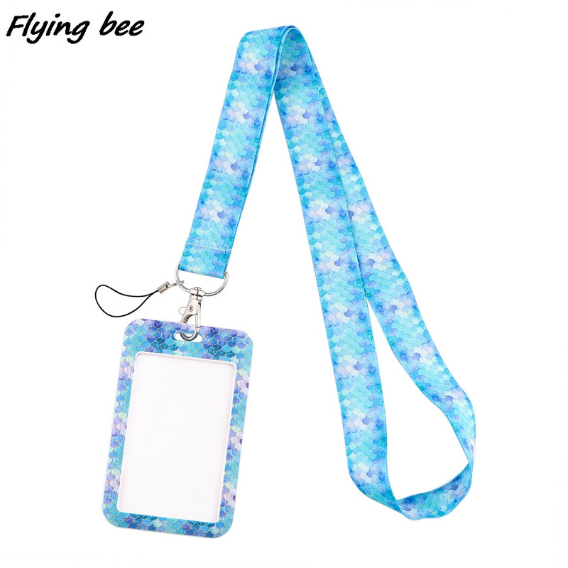 Flyingbee X1853 Spalvotos Mermaid Svarstyklės Virvelės Kortelės ID laikiklis Automobilio raktų pakabukas ID kortelės leidimas Sporto salė Telefono ženklelis Raktų pakabuko laikiklis Papuošalai