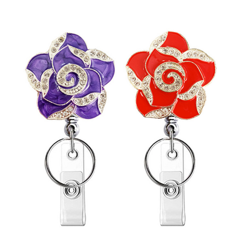 Държач за карти с макара за значка с цвете "Роза Камелия" Прибиращ се щипка за значка за лична карта Държач за етикет с име. Щипка за работна карта Ученически офис