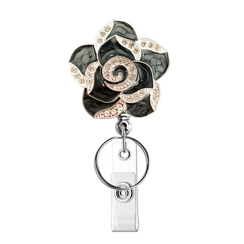 Държач за карти с макара за значка с цвете "Роза Камелия" Прибиращ се щипка за значка за лична карта Държач за етикет с име. Щипка за работна карта Ученически офис