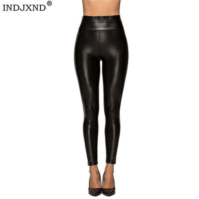 INDJXND Γυναικείο κολάν από ψεύτικο δέρμα μαύρο ελαστικό ψηλόμεσο παντελόνι Αδιάβροχο πλεκτό Fitness Skinny Spandex Jeggings