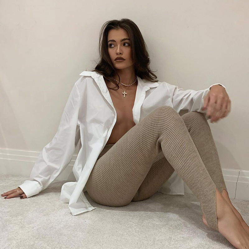 Tossy smilškrāsas rievoti trikotāžas legingi sievietēm ar augstu vidukli, kokvilnas fitnesa pamata bikses ikdienišķas pavasara jaunas, universālas sieviešu, šauri